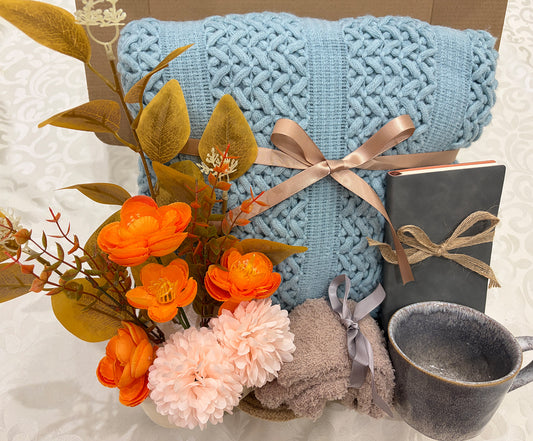 Serene Calm | Sky Blue Knit Throw Blanket Gift Set with Floral & Journal