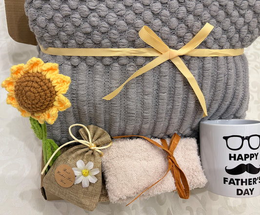Sunny Dad’s Cozy Retreat | Gray Knit Blanket Gift Set for Dad Product Title