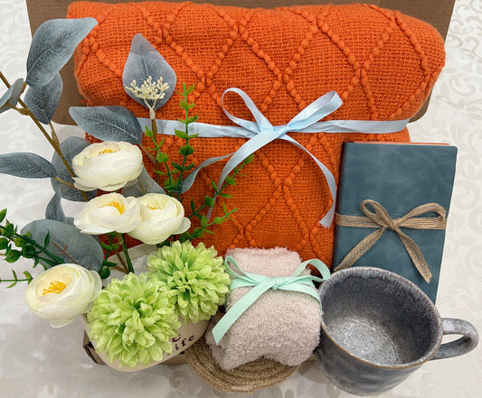 Vibrant Warmth | Burnt Orange Diamond Knit Blanket Gift Set with Floral & Journal
