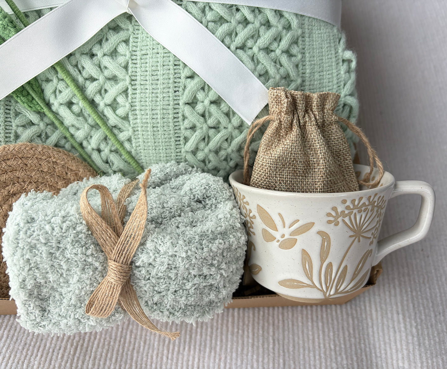 Mint Green Cozy Gift Basket for Her – Self Care Gift Box with Blanket, Mug, Fuzzy Socks, Crochet Tulip Bouquet & Relaxation Essentials komorebi INC