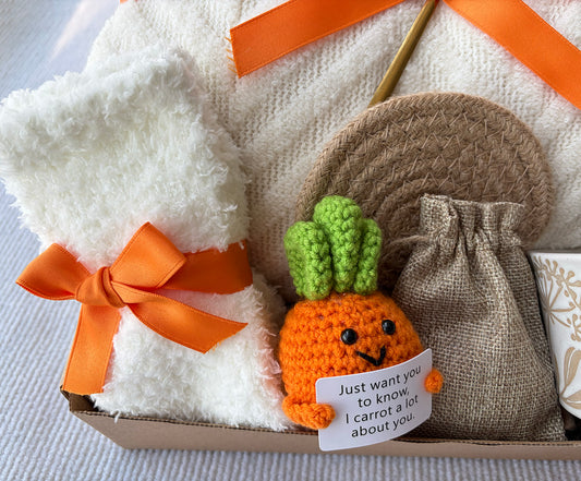 Cream Cozy Gift Basket for Her – Cute Self Care Gift Box with Knit Blanket, Mug, Fuzzy Socks, Coffee Spoon & Crochet Carrot Keepsake komorebi INC