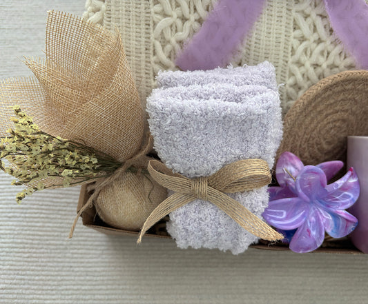 Cream & Lavender Cozy Gift Basket for Her – Self Care Gift Box komorebi INC