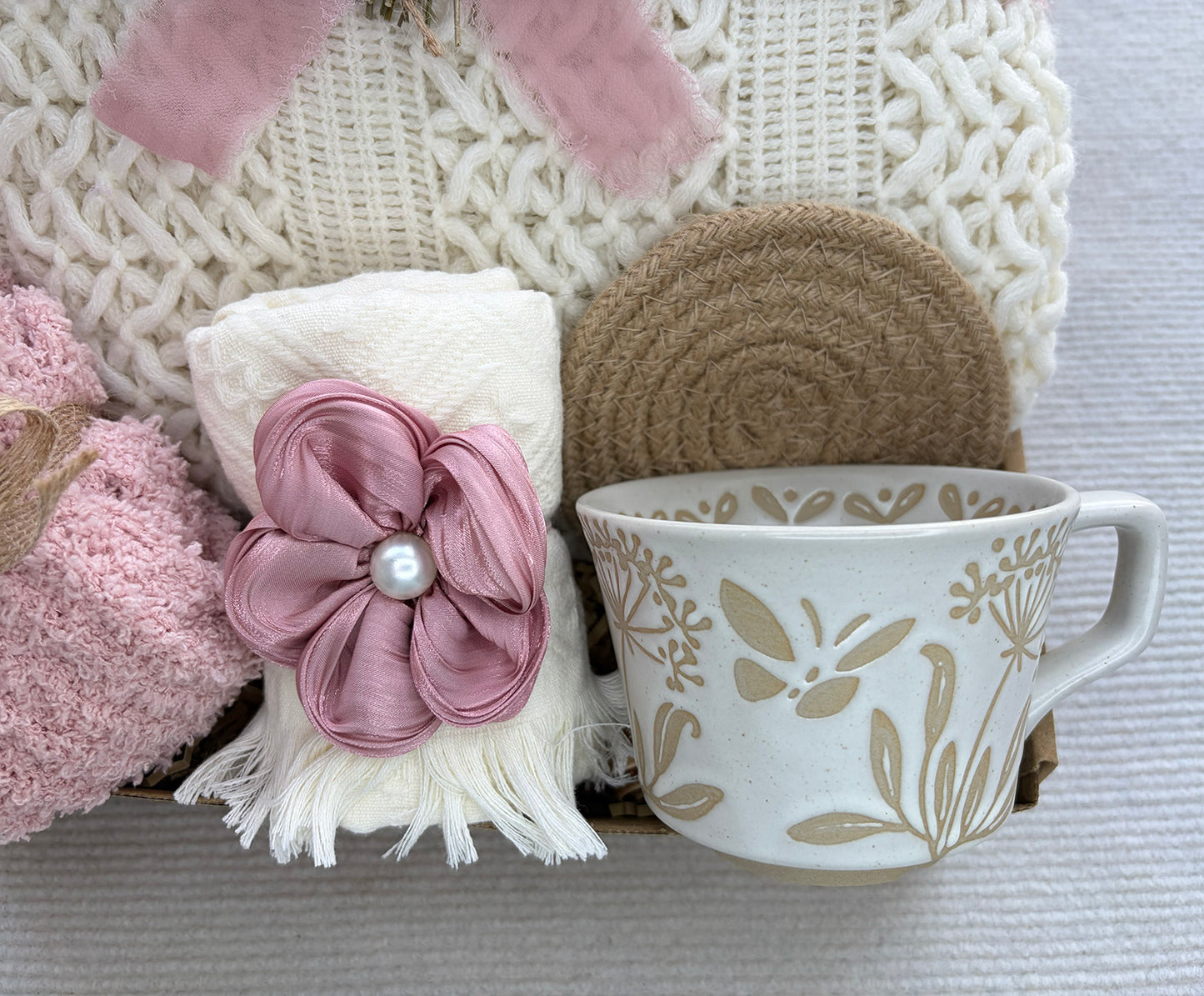 Soft Cream Cozy Gift Box for Her | Cable Knit Blanket, Botanical Mug, Fuzzy Socks, Fringe Hand Towel & Dried Floral Gift Basket komorebi INC