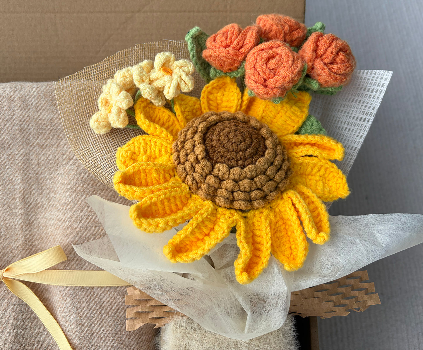 Handmade Gift Basket with Crochet Sunflower Bouquet, Soft Knit Scarf & Fuzzy Cozy Socks | Nestlygift Thoughtful Present komorebi INC