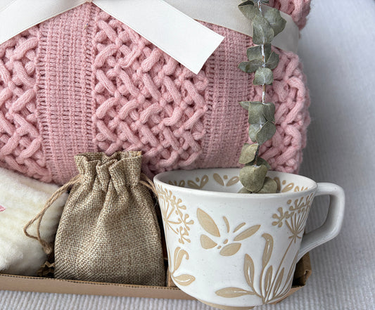 Soft Blush Pink Cozy Gift Box | Cable Knit Blanket, Botanical Mug, Fuzzy Socks & Scent Bag Gift Basket komorebi INC