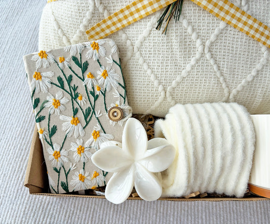 Cream Warm Gift Box | Geometric Blanket, Striped Mug, Notebook, Fuzzy Socks & Dried Flower Gift Basket komorebi INC