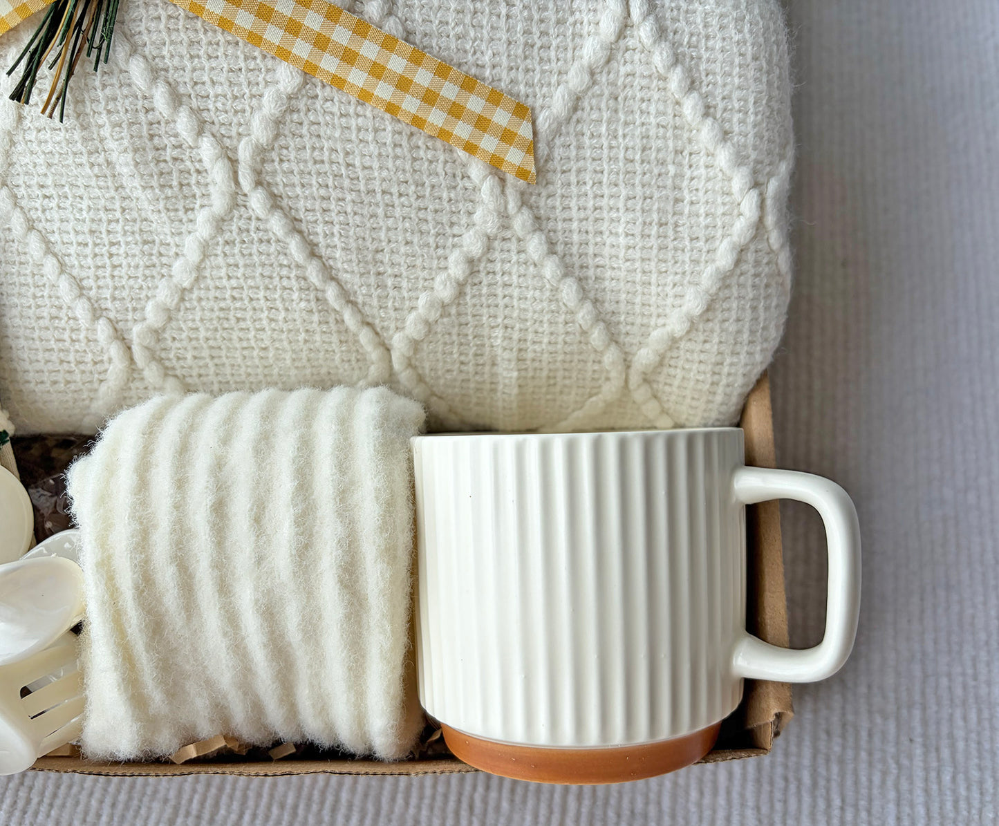 Cream Warm Gift Box | Geometric Blanket, Striped Mug, Notebook, Fuzzy Socks & Dried Flower Gift Basket komorebi INC