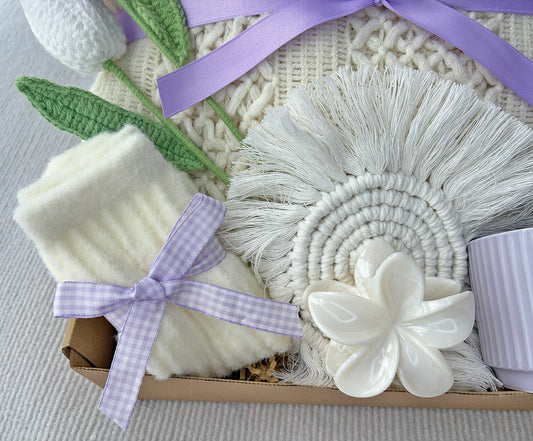 Cream Lavender Cozy Gift Basket for Her – Self Care Gift Box with Knit Blanket, Lilac Mug, Fuzzy Socks, Hair Clip & Crochet Tulip Bouquet komorebi INC