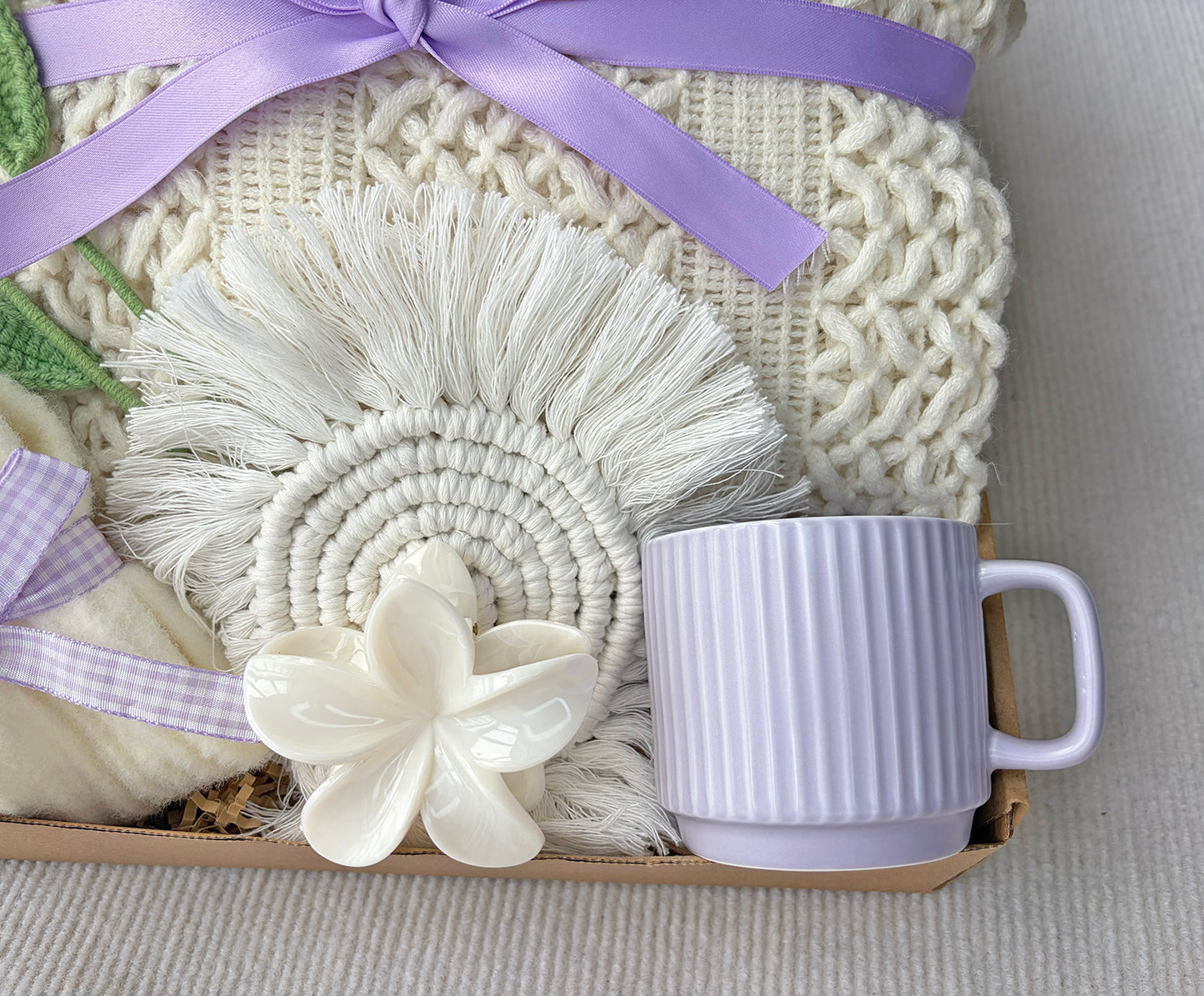 Cream Lavender Cozy Gift Basket for Her – Self Care Gift Box with Knit Blanket, Lilac Mug, Fuzzy Socks, Hair Clip & Crochet Tulip Bouquet komorebi INC