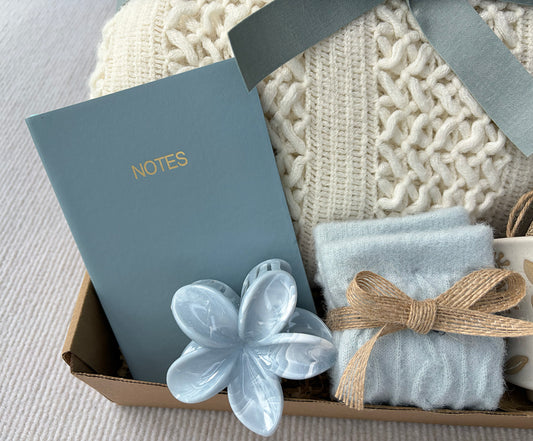 Cream Dusty Blue Cozy Gift Basket for Her – Self Care Gift Box komorebi INC