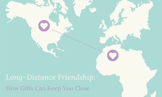 World map graphic with heart icons showing long‑distance friendship across continents, blog title Long‑Distance Friendship: How Gifts Can Keep You Close