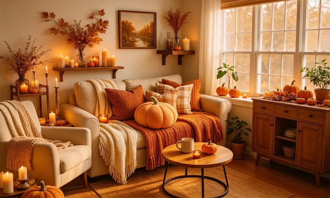 Cozy warm autumn living room with knit throw blankets, plush pumpkins, lit candles, fall decor, inspiration for Thanksgiving hostess gift ideas | Nestlygift