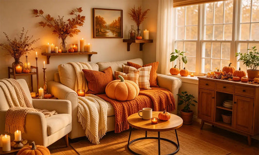 Cozy warm autumn living room with knit throw blankets, plush pumpkins, lit candles, fall decor, inspiration for Thanksgiving hostess gift ideas | Nestlygift