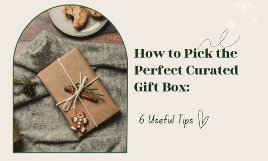 How to Pick the Perfect Curated Gift Box blog cover, styled gift box on cozy grey blanket