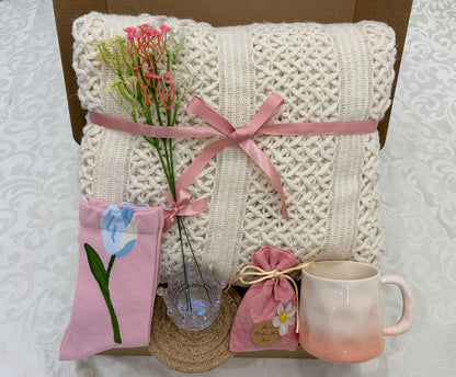 Blush Pink Tulip Cozy Gift Box | Knit Blanket & Mug Set
