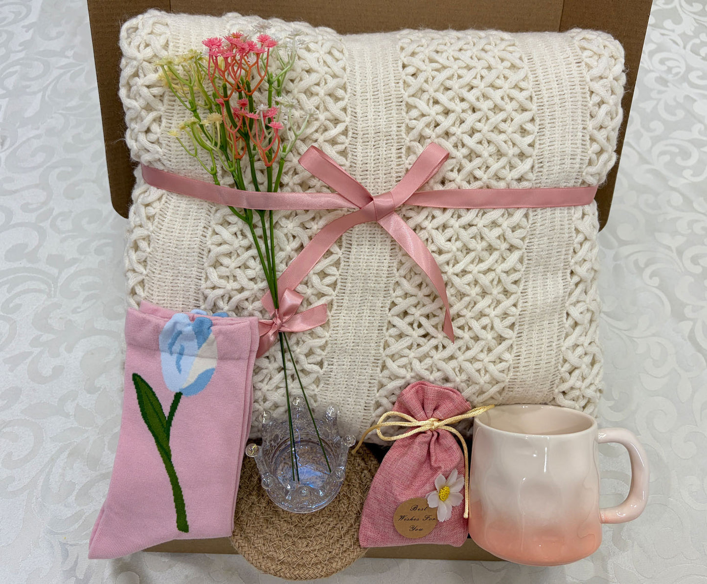 Blush Pink Tulip Cozy Gift Box | Knit Blanket & Mug Set