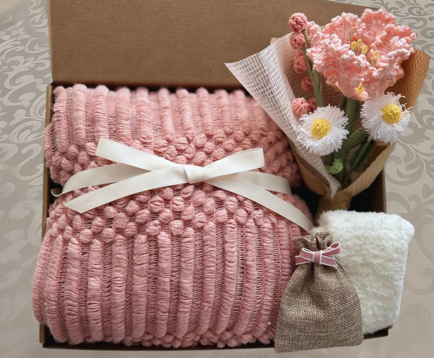 Blush Pink Self Care Gift Box | Soft Crochet Flower Set