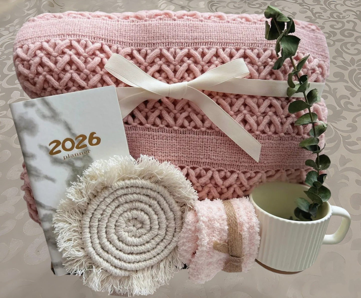 Pink Knit Scarf Gift Box | 2026 Planner & Mug Self Care Set