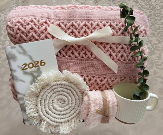 Pink Knit Scarf Gift Box | 2026 Planner & Mug Self Care Set