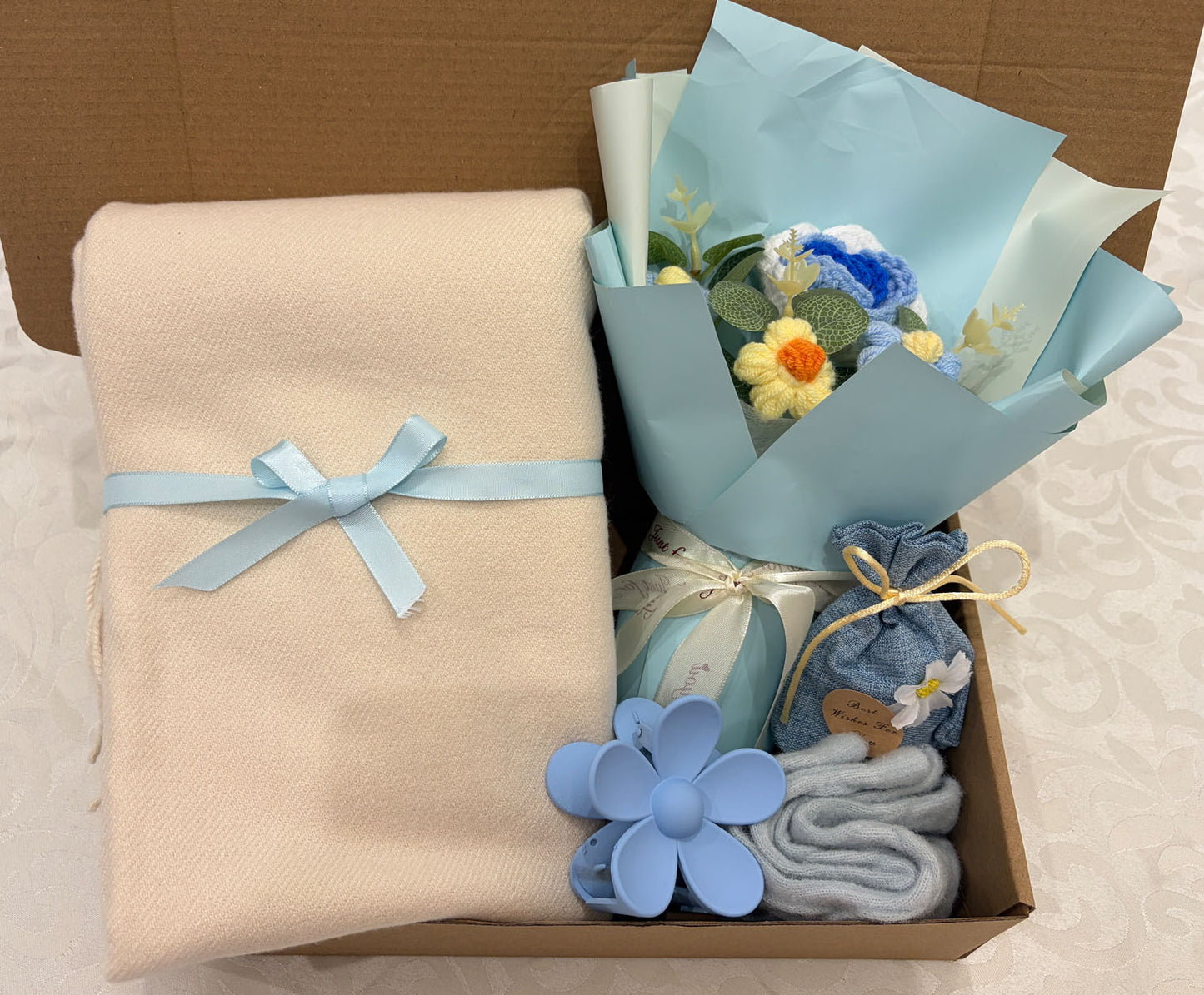 Soft Blue & Cream Care Package | Scarf Gift Box