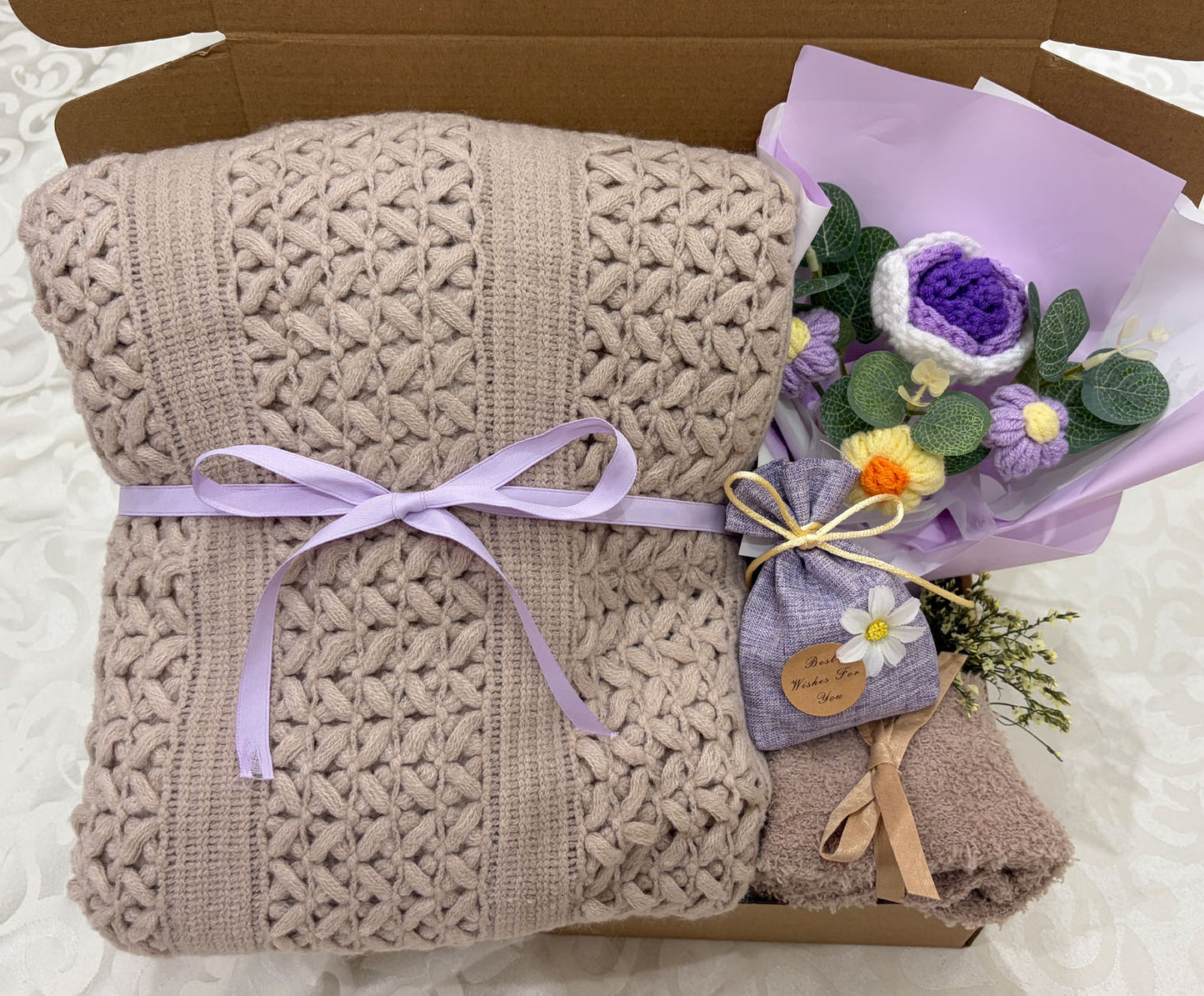 Taupe Knit Blanket Gift Box | Purple Crochet Flower Bouquet Set