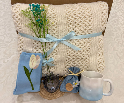 Blue Tulip Cozy Gift Box | Knit Blanket & Mug Set