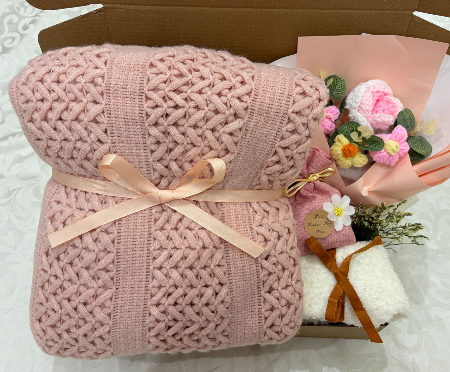 Blush Pink Knit Blanket Gift Box | Crochet Flower Bouquet Set