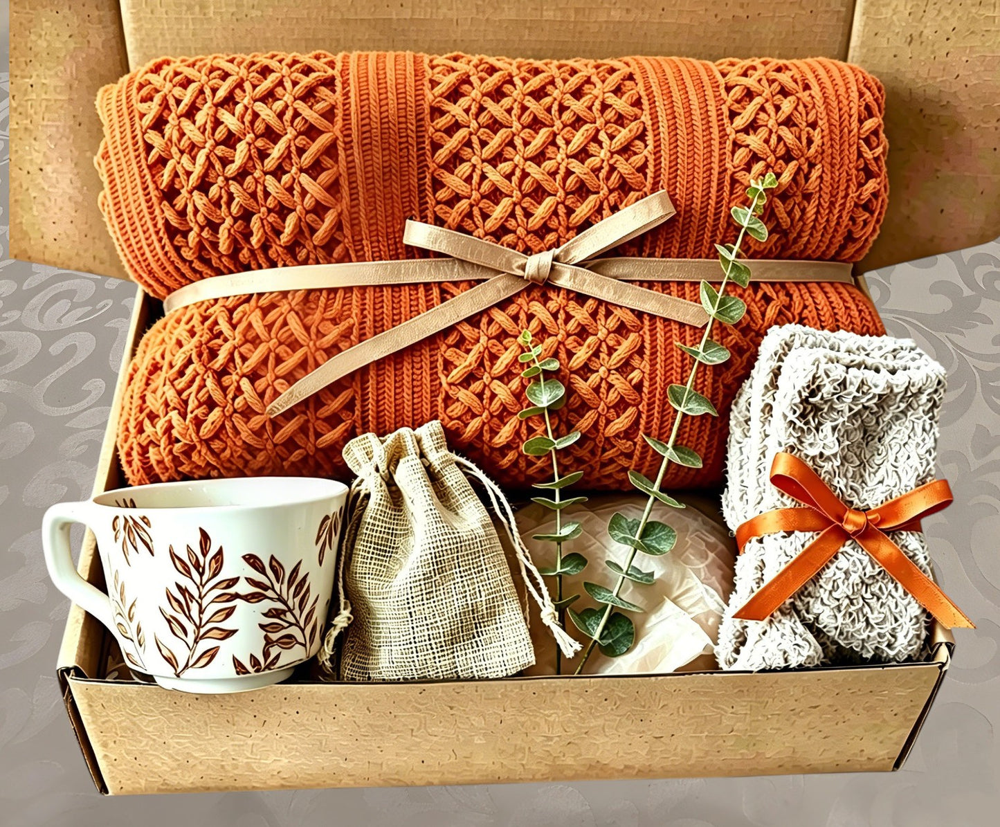 Cozy Orange Knit Blanket Gift Box | Self Care Gift Set