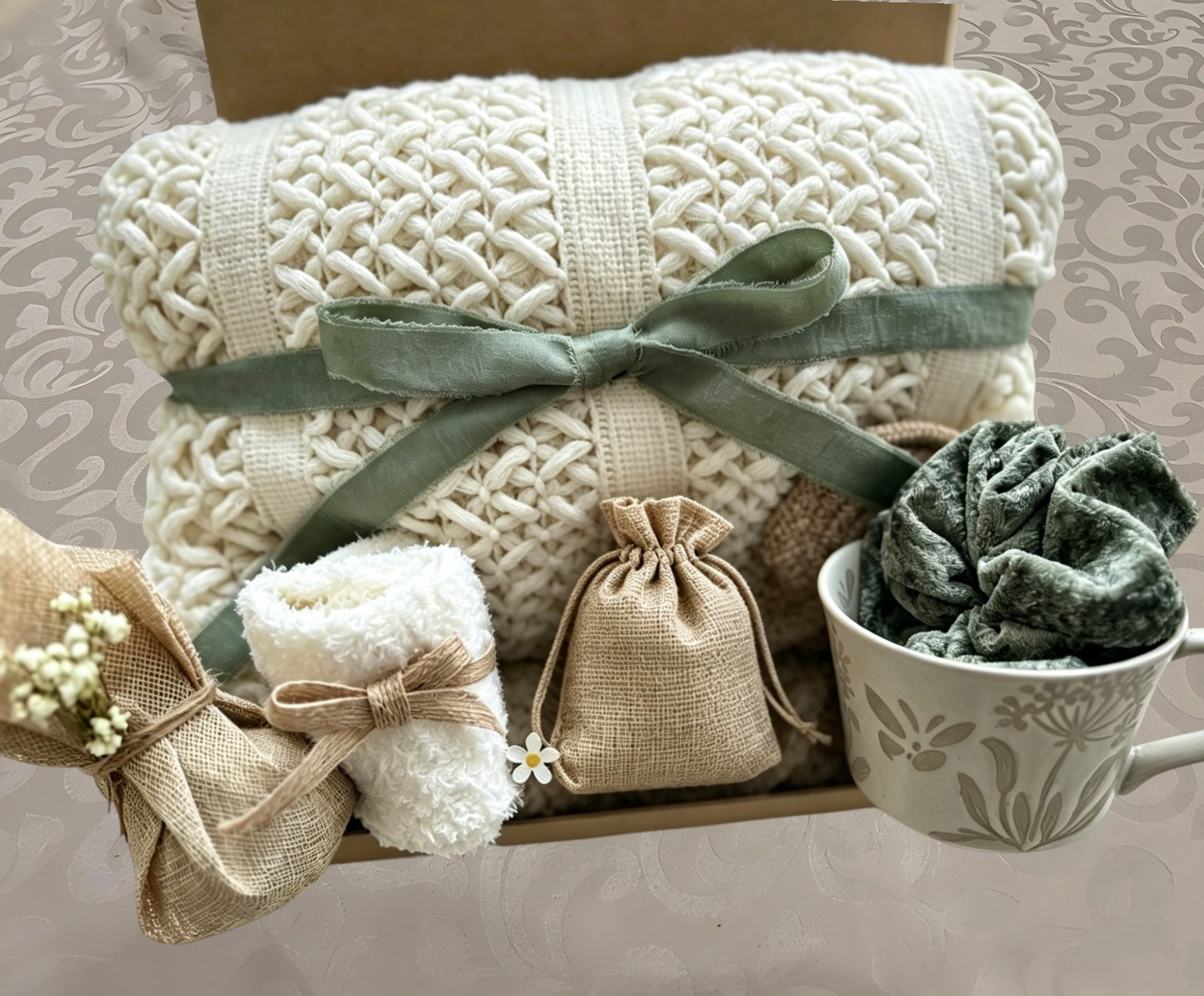 Cream Knit Blanket & Botanical Mug Self Care Set | Thoughtful Present