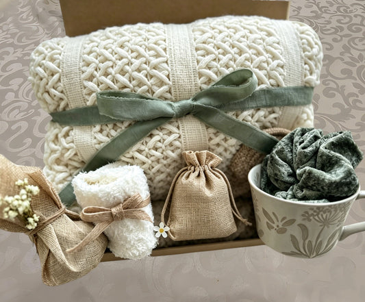 Cream Knit Blanket & Botanical Mug Self Care Set | Thoughtful Present