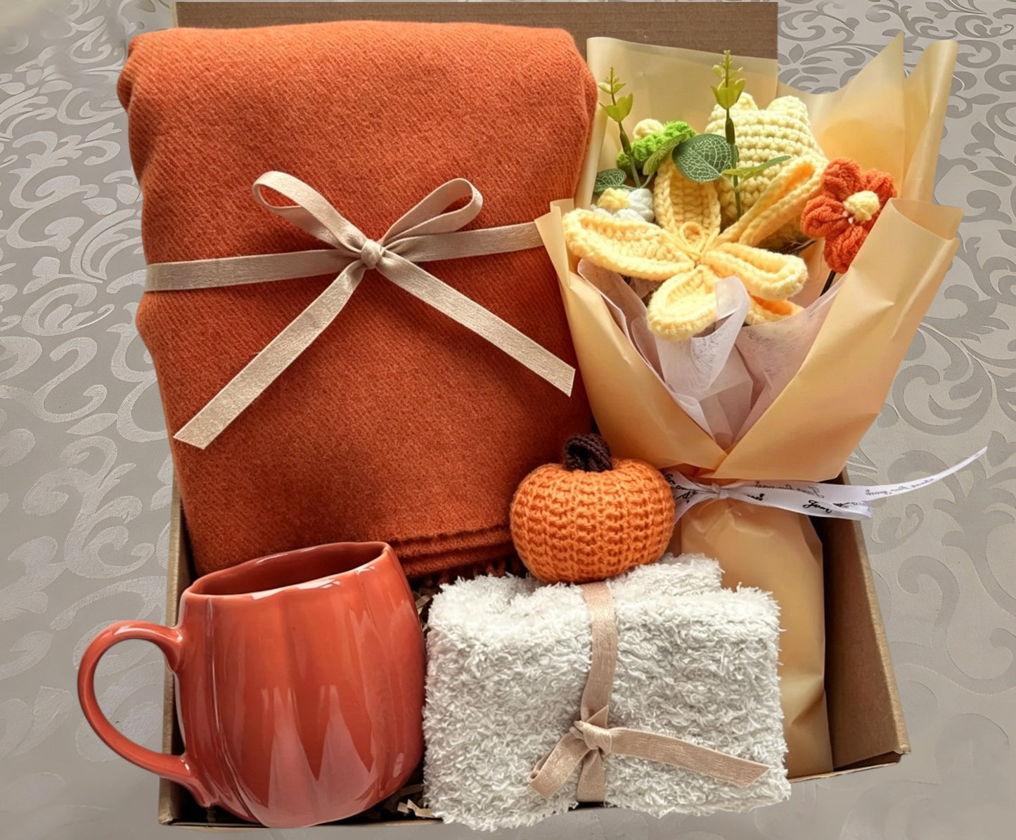 Fall Harvest Self Care Gift Box | Orange Scarf Flower Bouquet Set