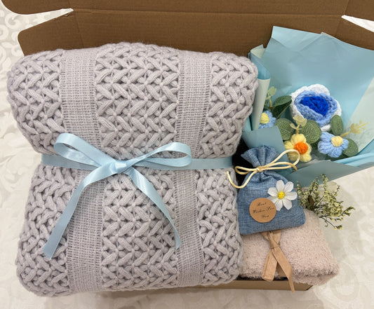 Grey Knit Blanket Gift Box | Blue Crochet Flower Bouquet Set