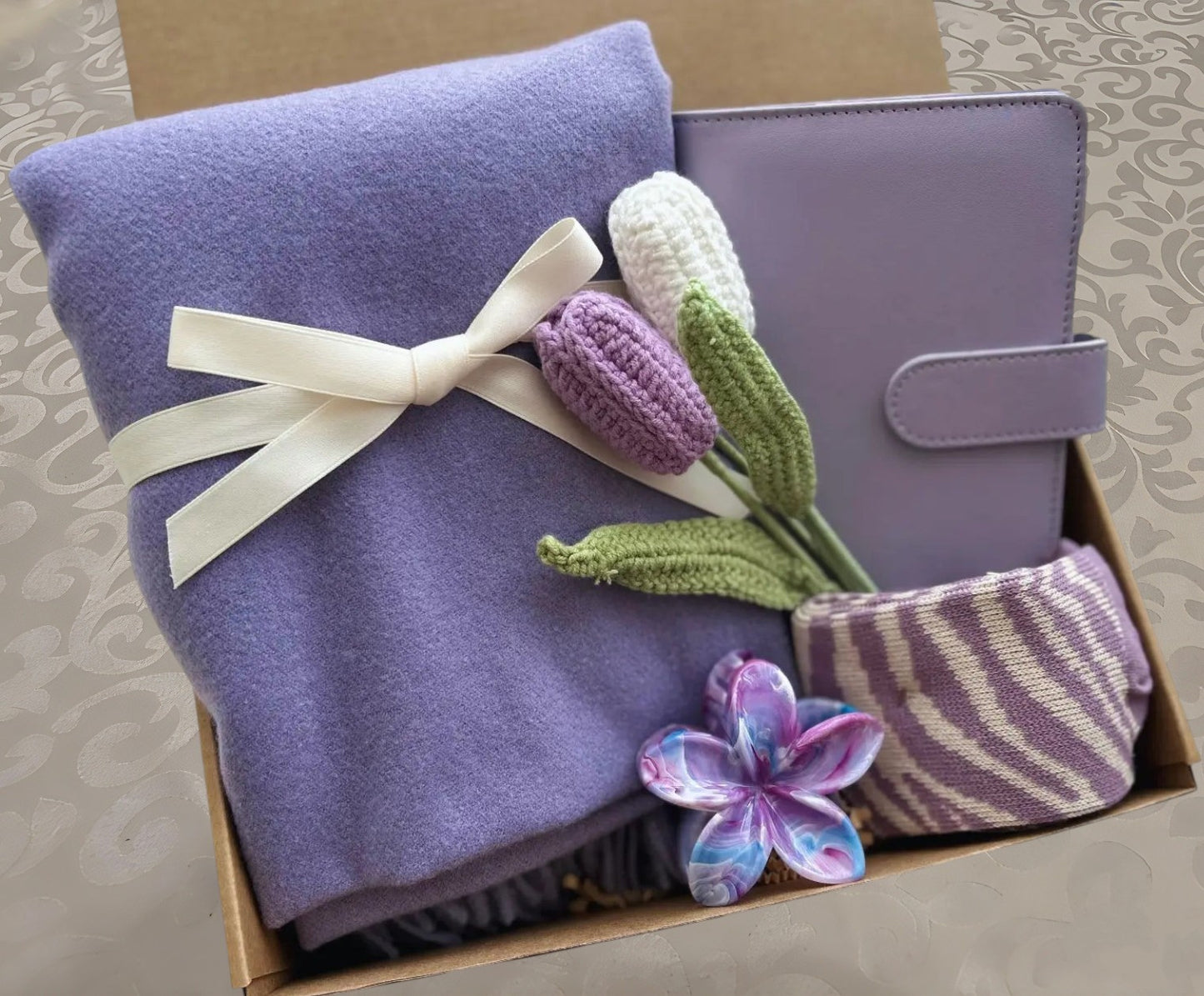 Lavender Self Care Gift Box | Scarf, Journal & Crochet Tulips Set