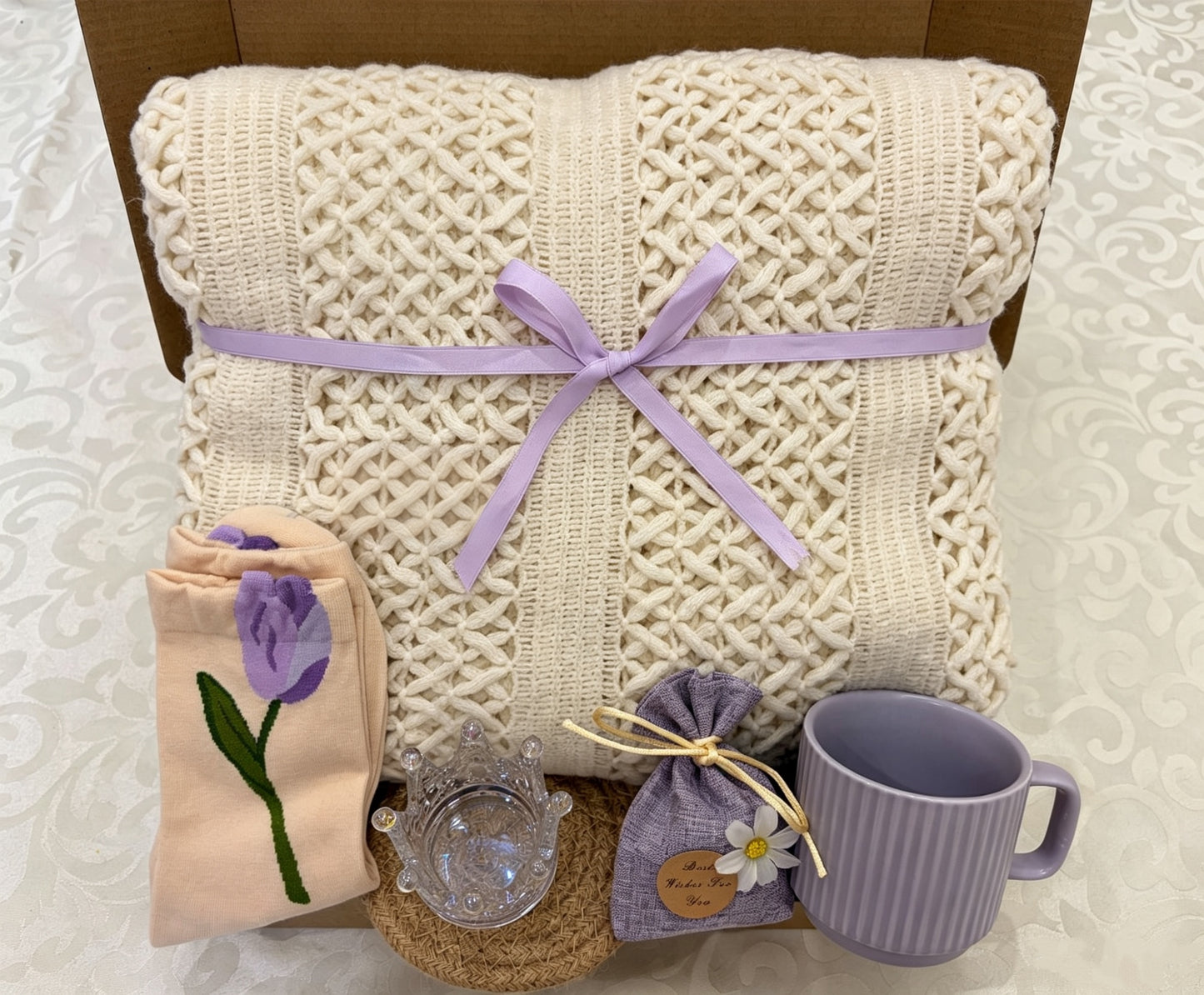 Lavender Tulip Cozy Gift Box | Knit Blanket & Mug Set