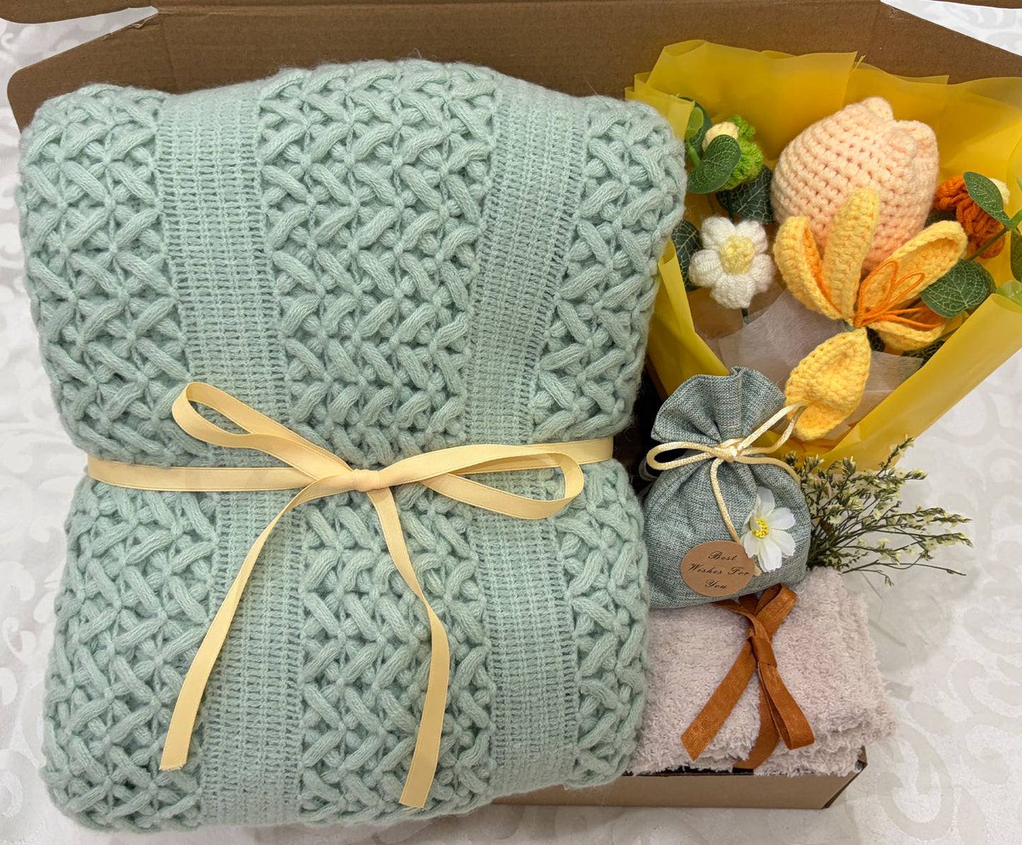 Sage Green Knit Blanket Gift Box | Crochet Flower Bouquet Set