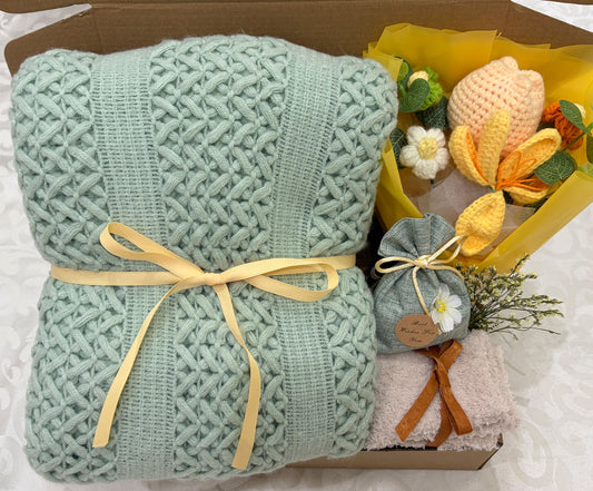 Sage Green Knit Blanket Gift Box | Crochet Flower Bouquet Set