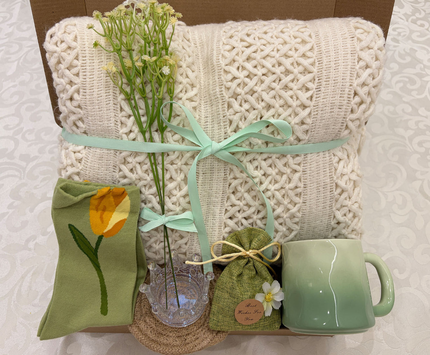 Sage Green Tulip Cozy Gift Box | Knit Blanket & Mug Set