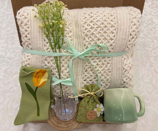 Sage Green Tulip Cozy Gift Box | Knit Blanket & Mug Set