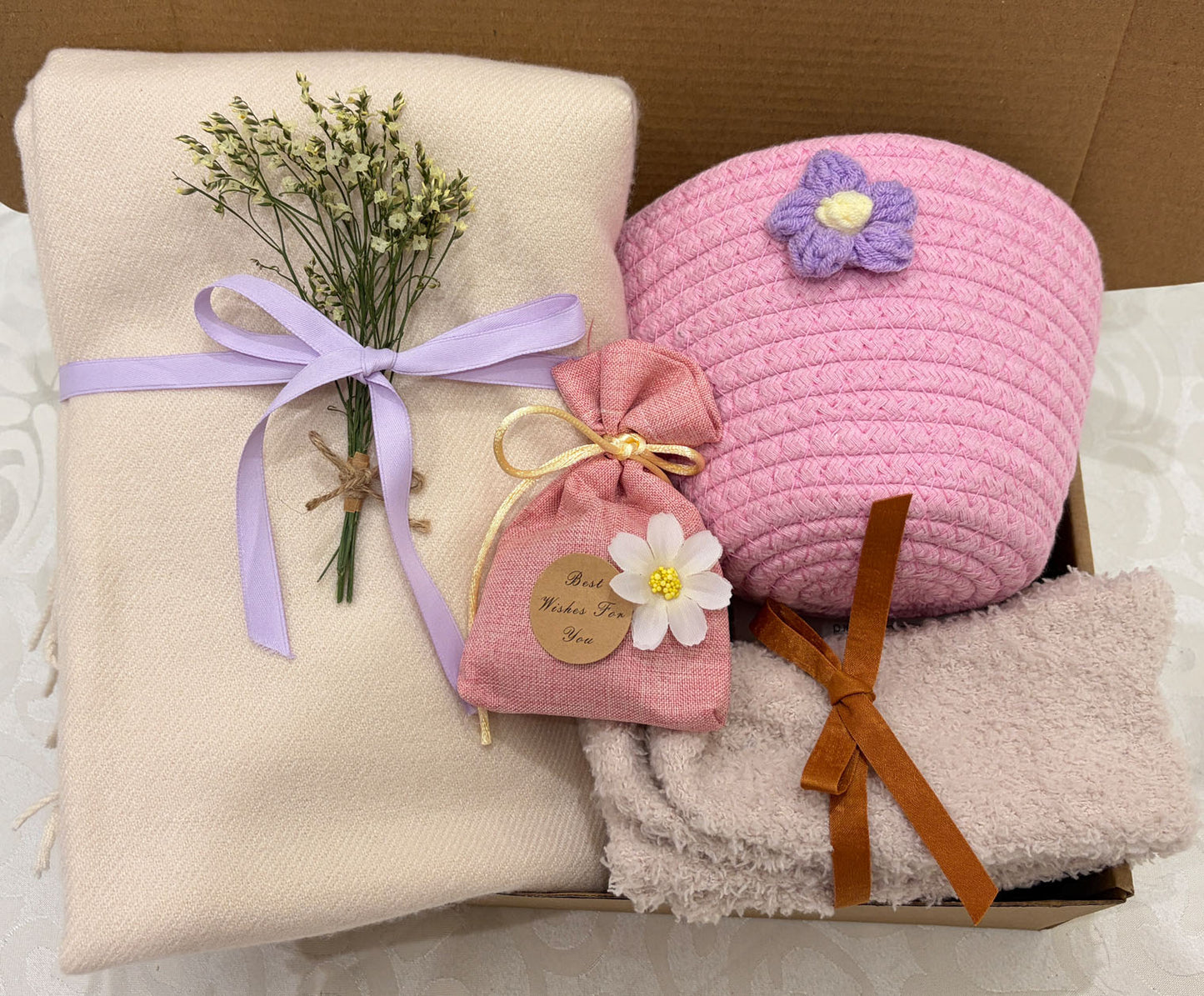 Soft Blush Care Package | Scarf & Basket Gift Box