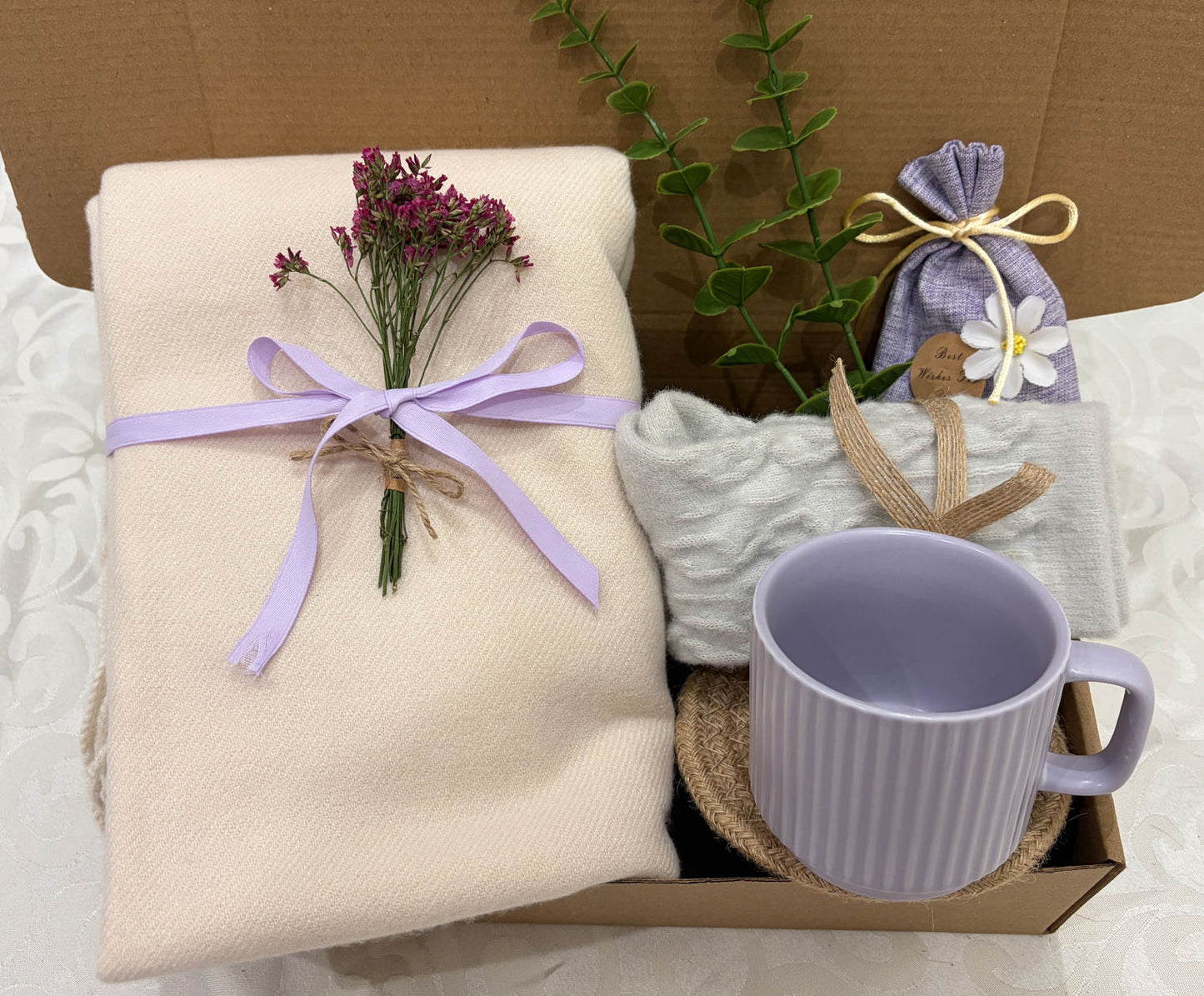 Soft Lavender Care Package | Scarf & Mug Gift Box
