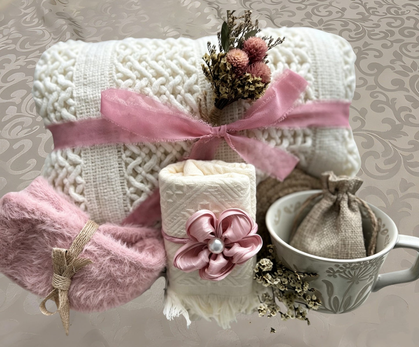 Soft Pink & White Care Package | Cream Knit Blanket Gift Box