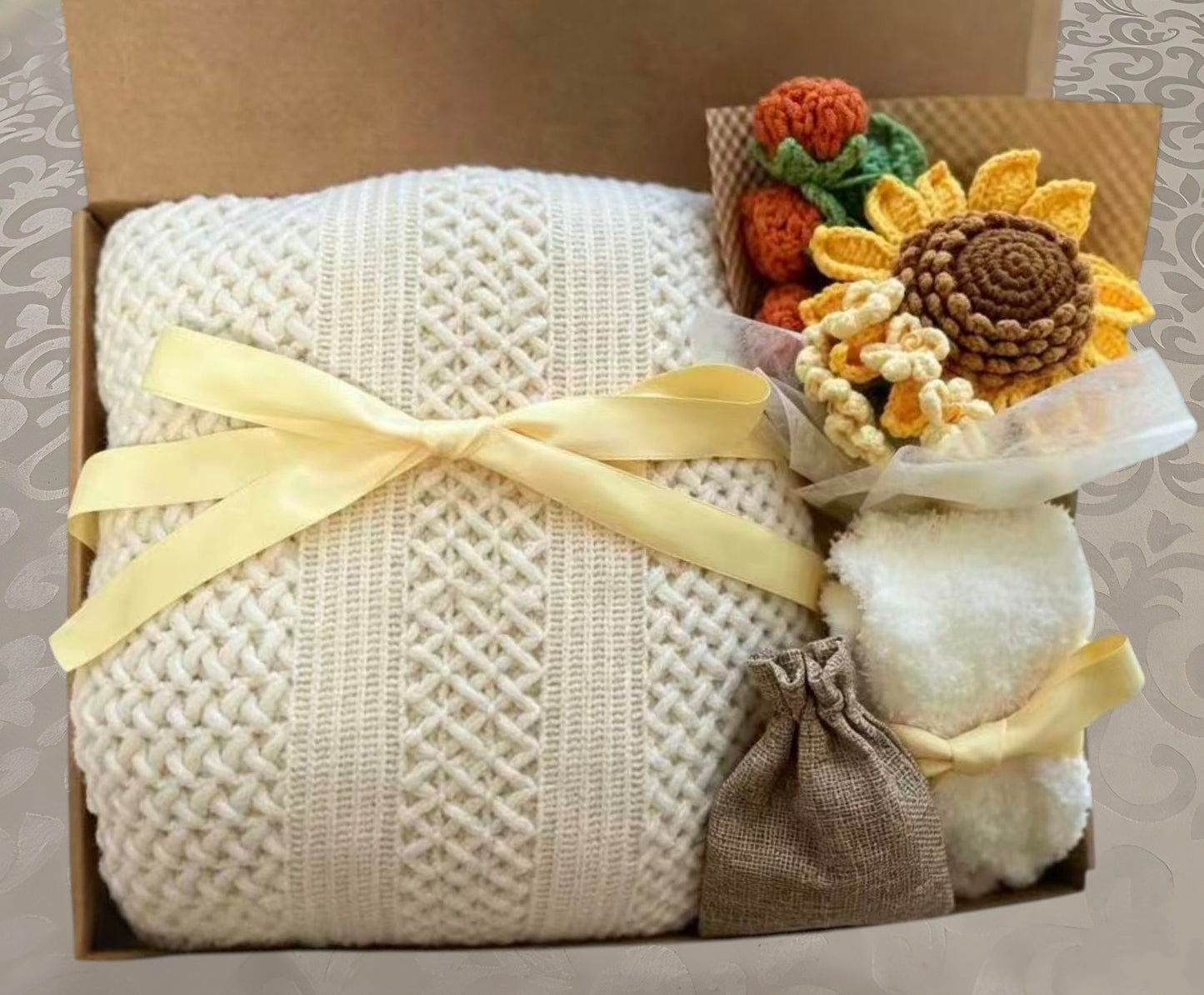 Sunflower Crochet Bouquet Gift Box | Cozy White Care Package