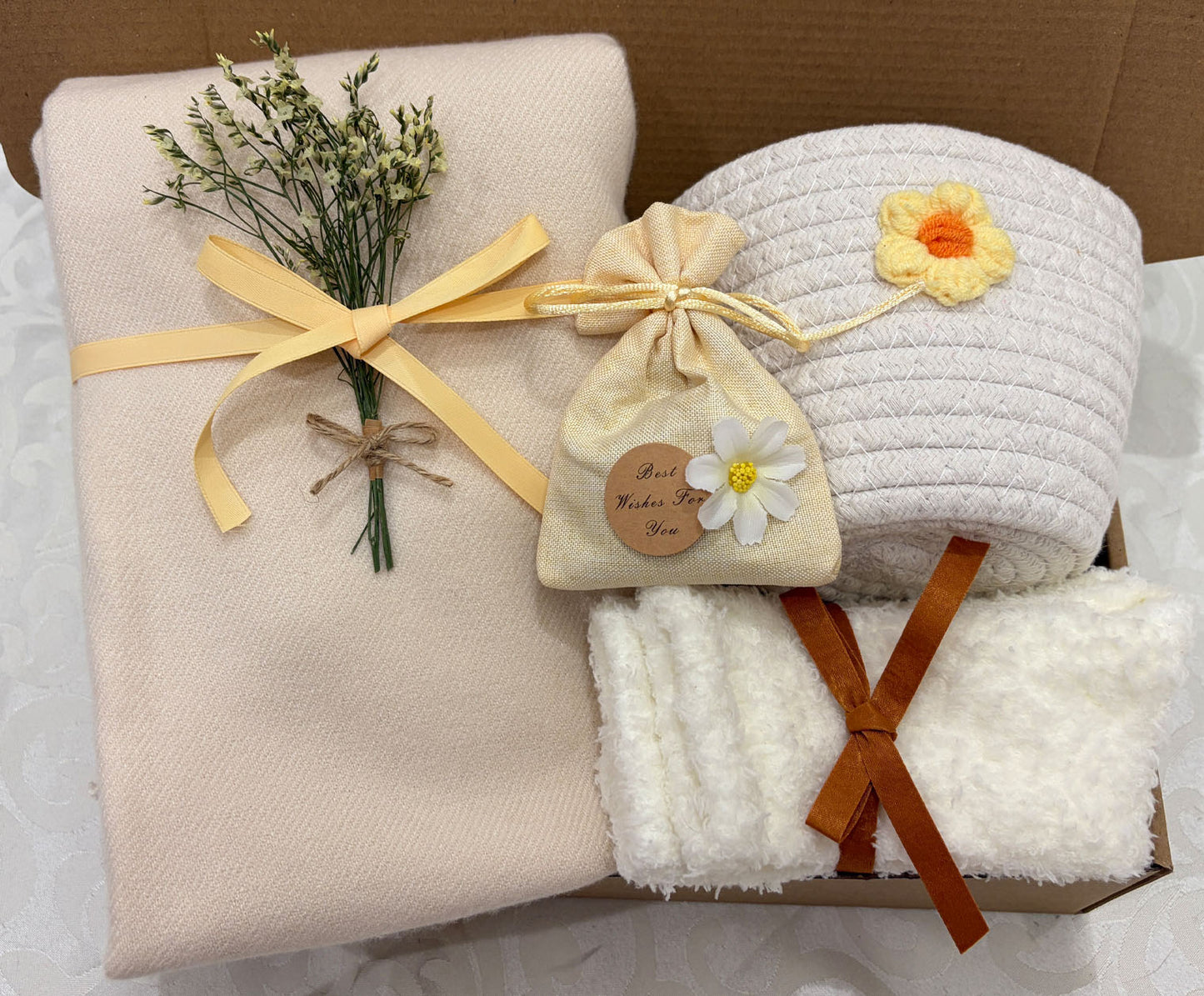 Warm & Minimalist Care Package | Scarf & Basket Gift Box