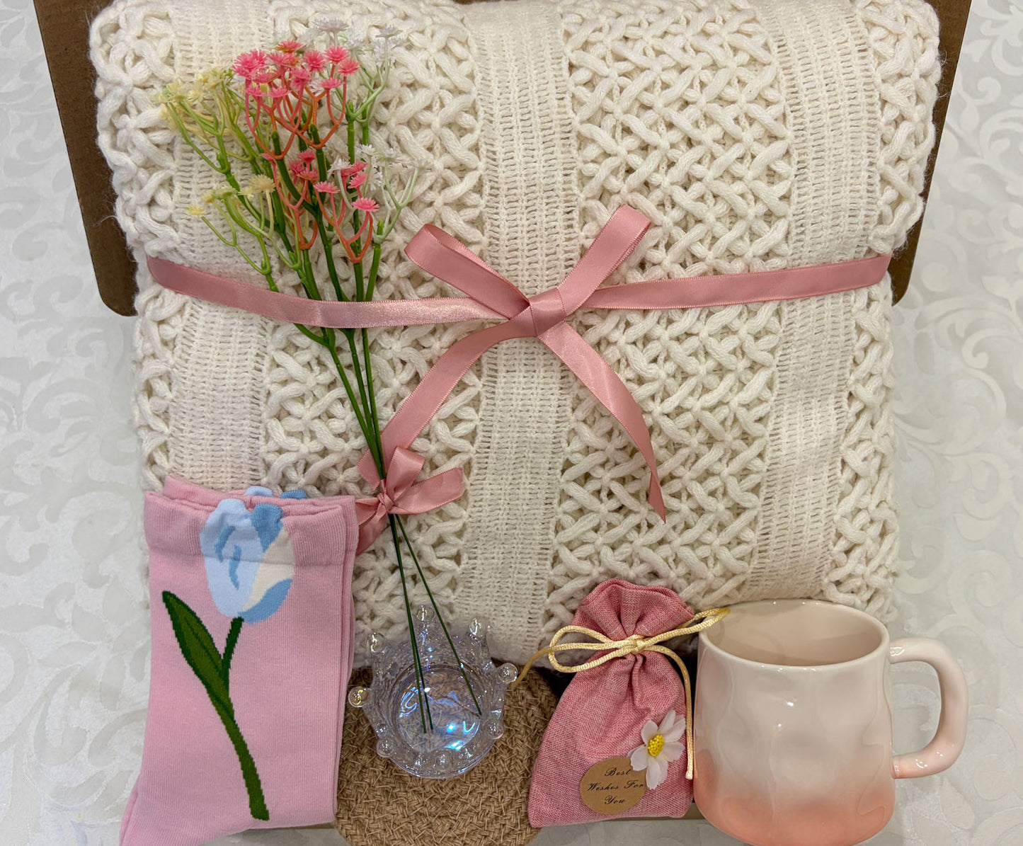 Blush Pink Tulip Cozy Gift Box | Knit Blanket & Mug Set