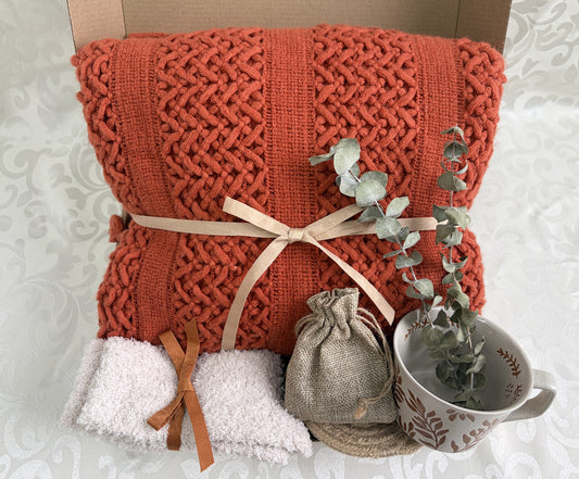 Cozy Orange Knit Blanket Gift Box | Self Care Gift Set