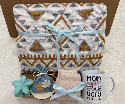 Mom’s Cozy Aztec Haven | Geometric Knit Blanket Gift Set for Mom