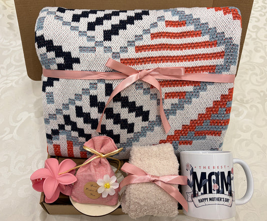 Mom’s Cozy Boho Retreat | Geometric Knit Blanket Gift Set for Mom