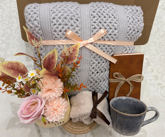 Serene Bliss | Rustic Grey Knit Blanket Gift Box, Floral & Journal Included