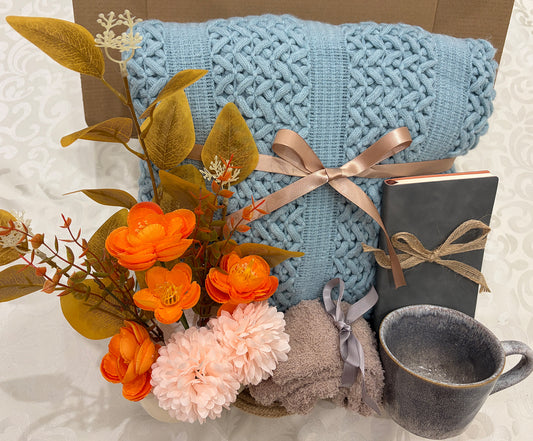 Serene Calm | Sky Blue Knit Throw Blanket Gift Set with Floral & Journal