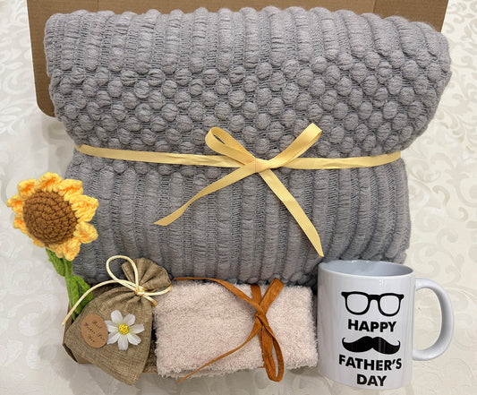 Sunny Dad’s Cozy Retreat | Gray Knit Blanket Gift Set for Dad Product Title